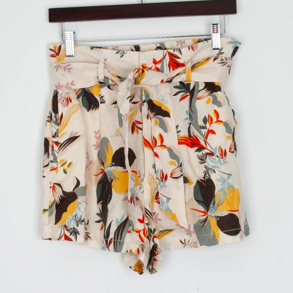 Cynthia Rowley Womens Floral Print Linen Blend High Waist Paperbag Shorts Size S